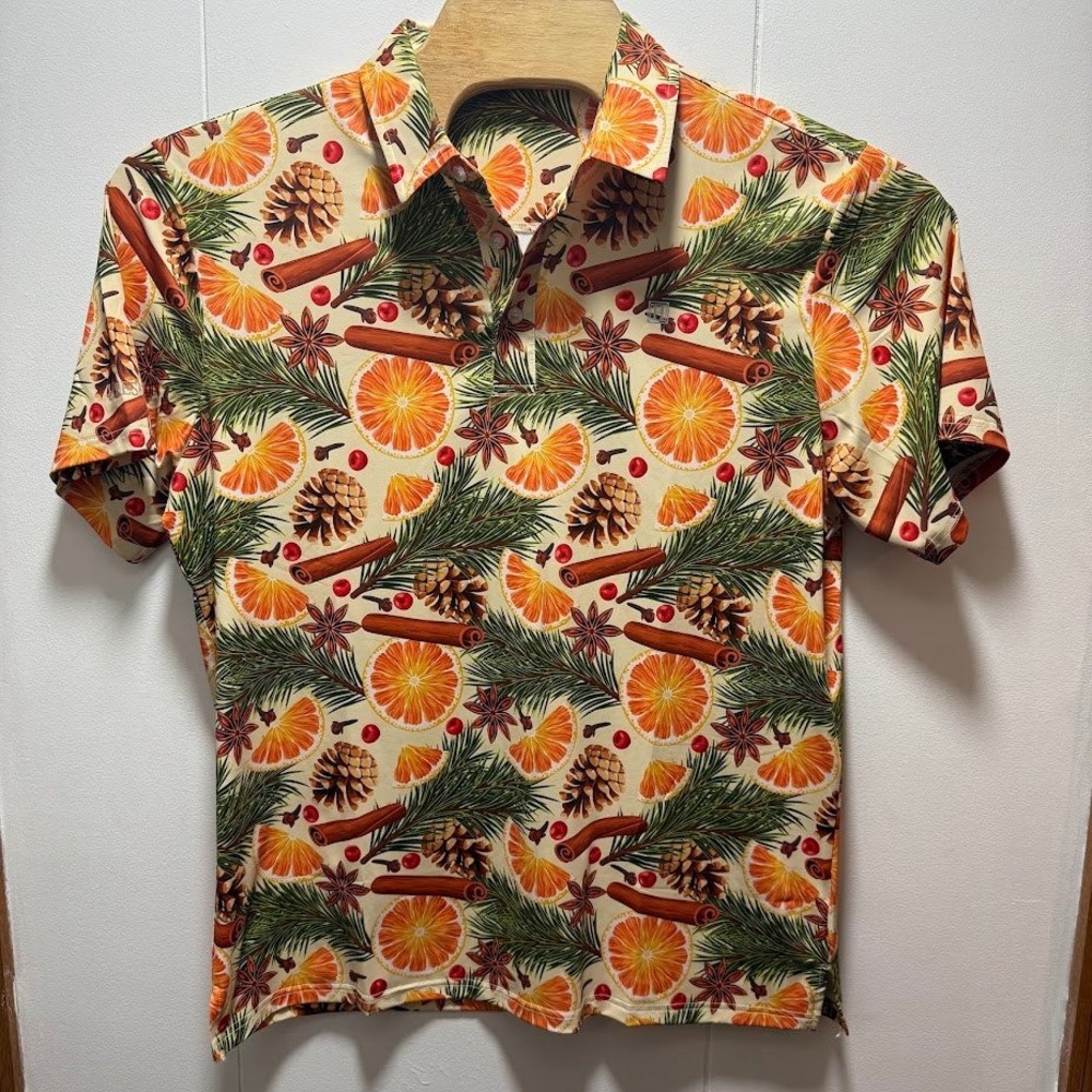 Hreski Mens Christmas Holiday Polo Shirt Orange Cinnamon Pinecone Print Large